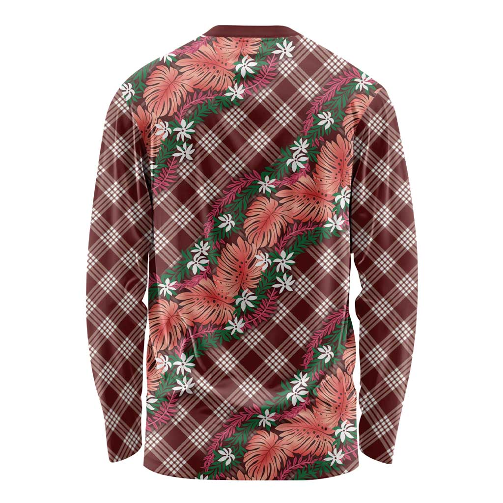 Polynesian Monstera Tiare Floral Long Sleeve Shirt Burgundy Tropical Plaid - Polynesian Pride