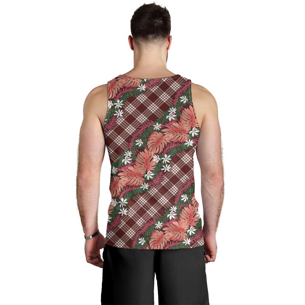 Polynesian Monstera Tiare Floral Men Tank Top Burgundy Tropical Plaid - Polynesian Pride