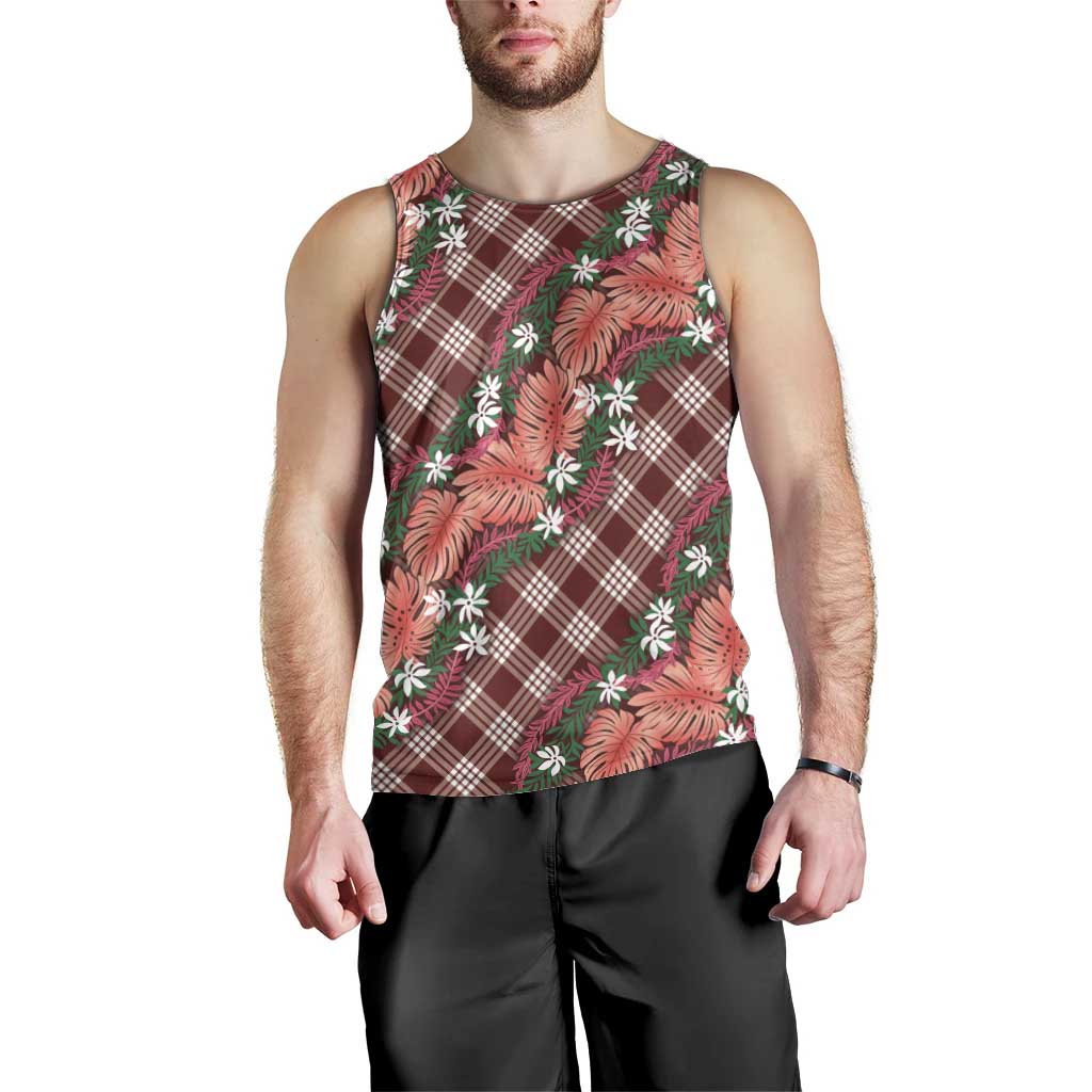 Polynesian Monstera Tiare Floral Men Tank Top Burgundy Tropical Plaid - Polynesian Pride