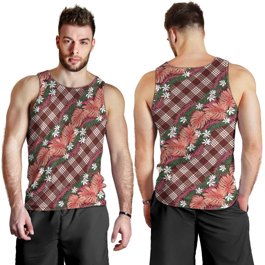 Polynesian Monstera Tiare Floral Men Tank Top Burgundy Tropical Plaid - Polynesian Pride