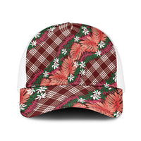 Polynesian Monstera Tiare Floral Mesh Trucker Cap Burgundy Tropical Plaid - Polynesian Pride