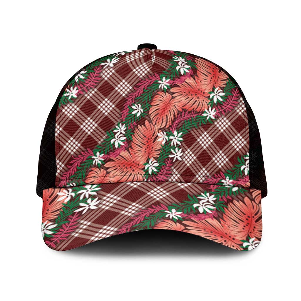Polynesian Monstera Tiare Floral Mesh Trucker Cap Burgundy Tropical Plaid - Polynesian Pride