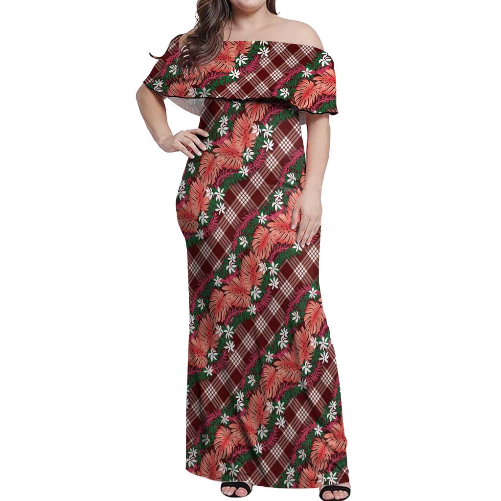 Polynesian Monstera Tiare Floral Off Shoulder Maxi Dress Burgundy Tropical Plaid - Polynesian Pride