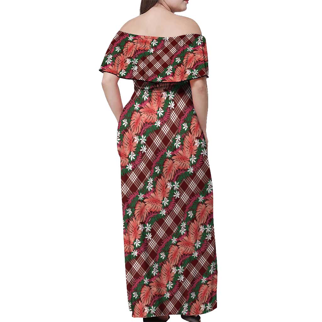 Polynesian Monstera Tiare Floral Off Shoulder Maxi Dress Burgundy Tropical Plaid - Polynesian Pride