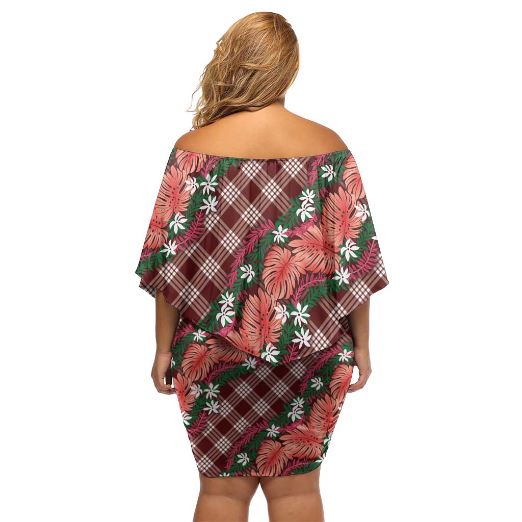 Polynesian Monstera Tiare Floral Off Shoulder Short Dress Burgundy Tropical Plaid - Polynesian Pride