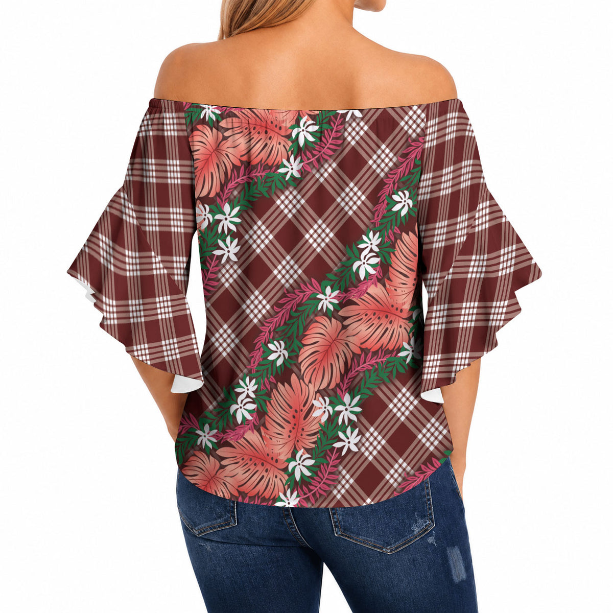 Polynesian Monstera Tiare Floral Off Shoulder Wrap Waist Top Burgundy Tropical Plaid LT01 - Polynesian Pride
