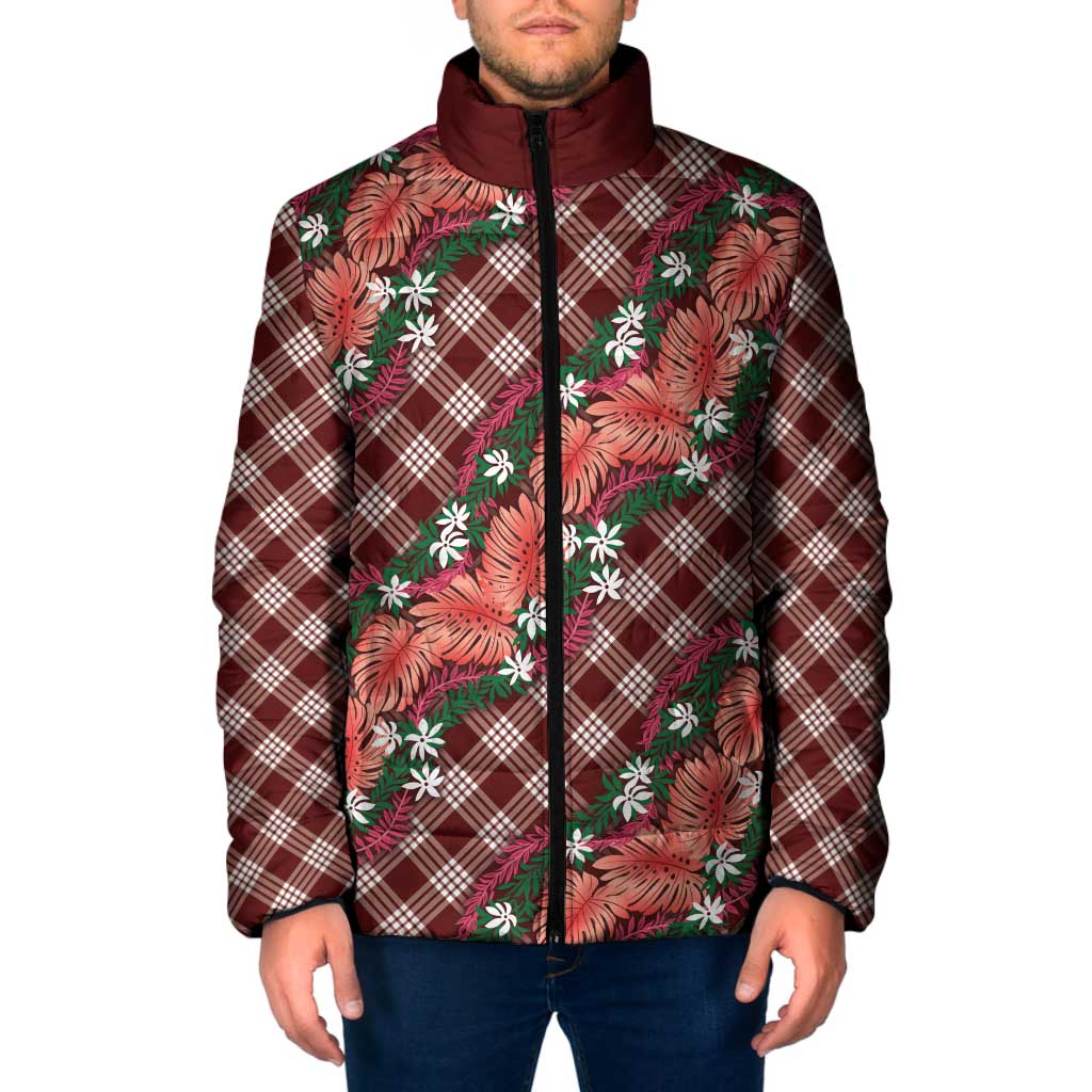 Polynesian Monstera Tiare Floral Padded Jacket Burgundy Tropical Plaid - Polynesian Pride