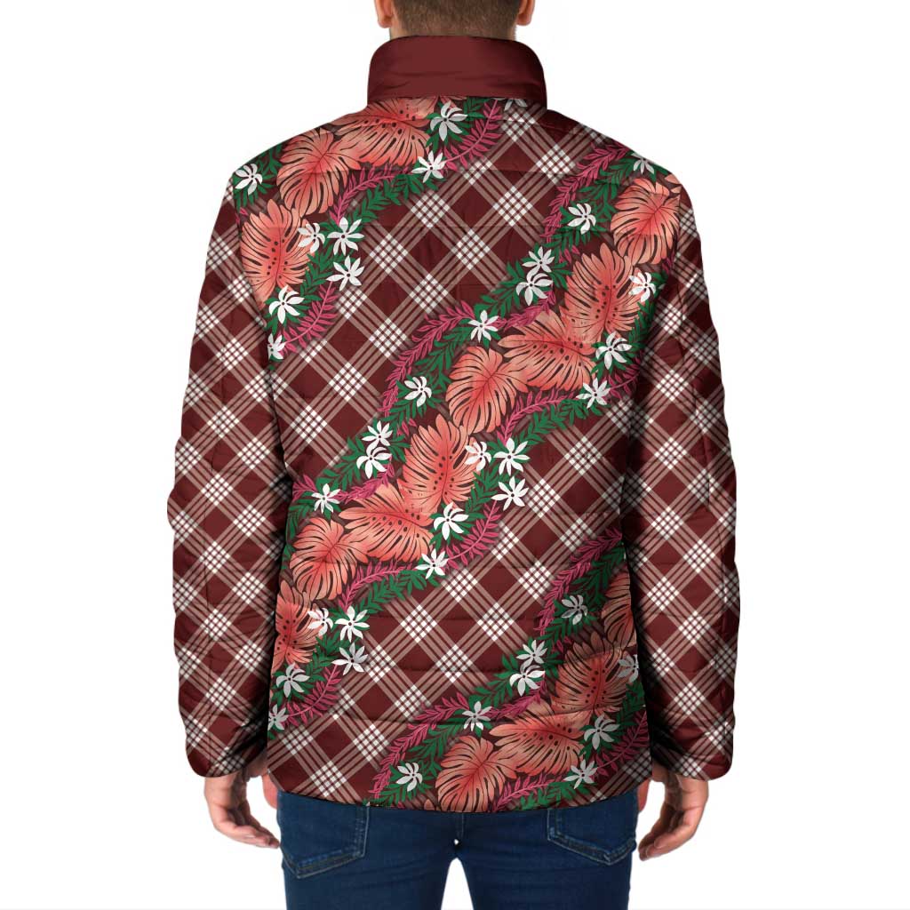 Polynesian Monstera Tiare Floral Padded Jacket Burgundy Tropical Plaid - Polynesian Pride