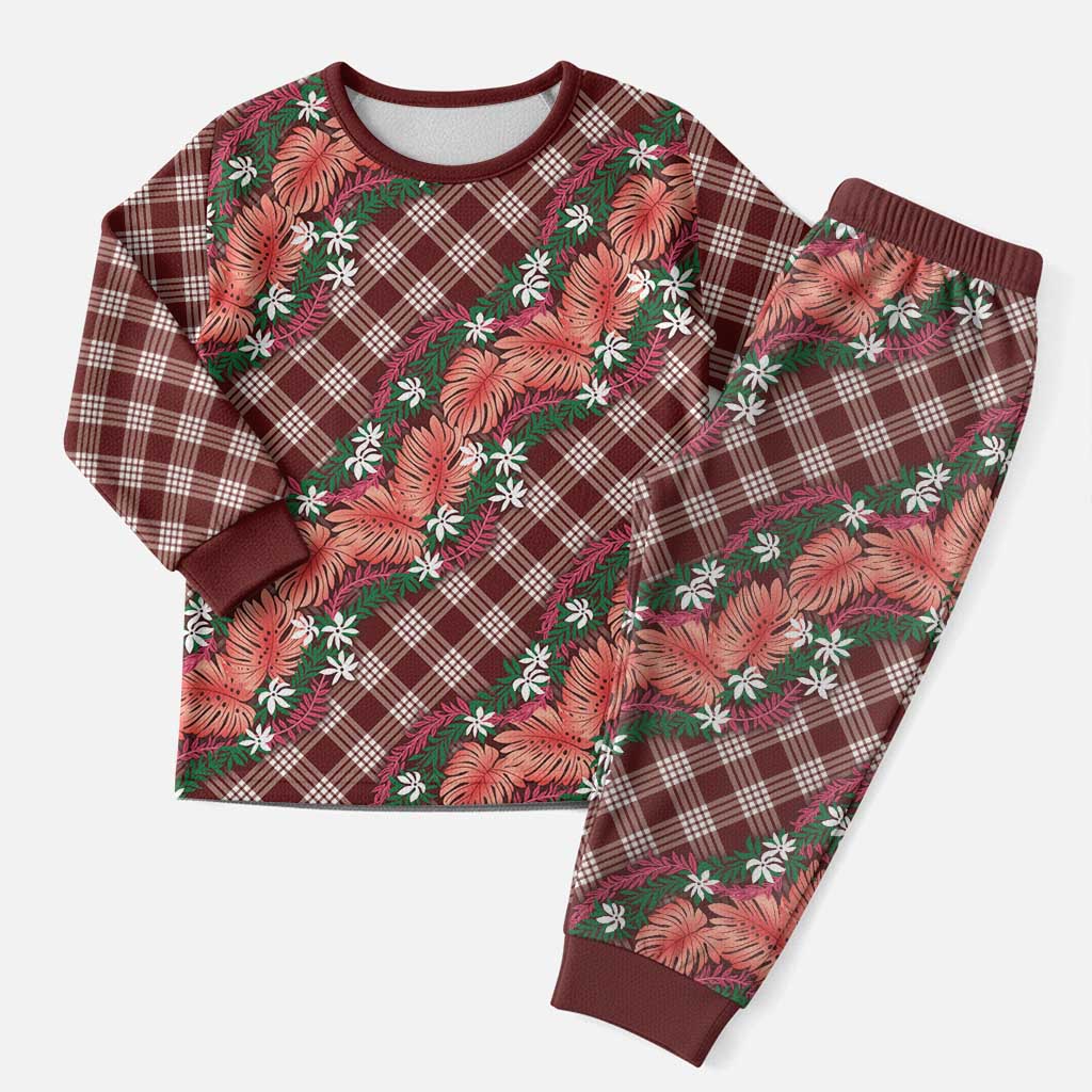 Polynesian Monstera Tiare Floral Christmas Pajama Set Burgundy Tropical Plaid - Polynesian Pride
