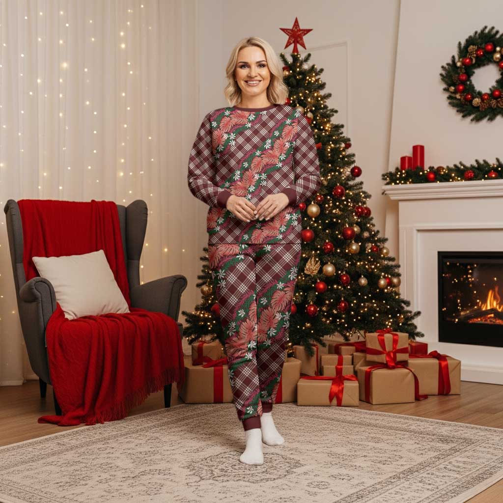 Polynesian Monstera Tiare Floral Christmas Pajama Set Burgundy Tropical Plaid - Polynesian Pride