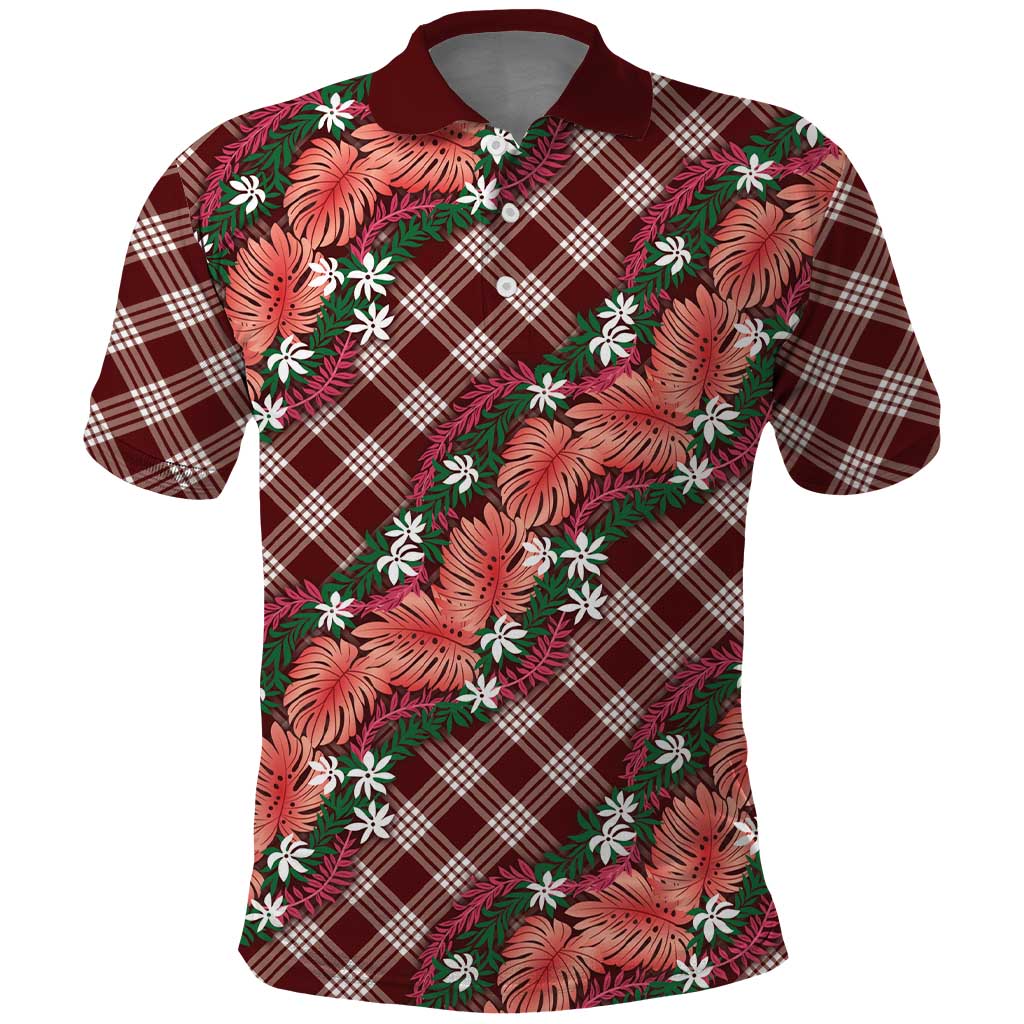 Polynesian Monstera Tiare Floral Polo Shirt Burgundy Tropical Plaid - Polynesian Pride