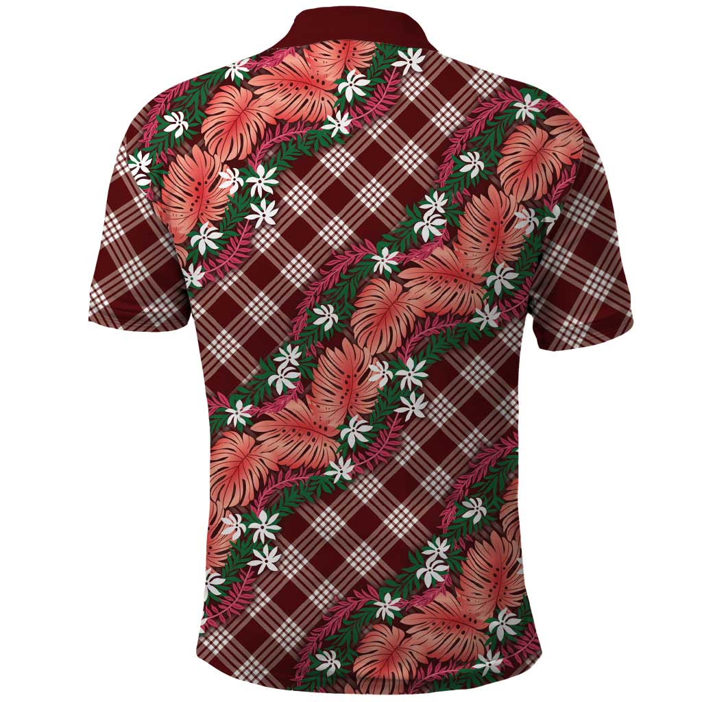 Polynesian Monstera Tiare Floral Polo Shirt Burgundy Tropical Plaid - Polynesian Pride