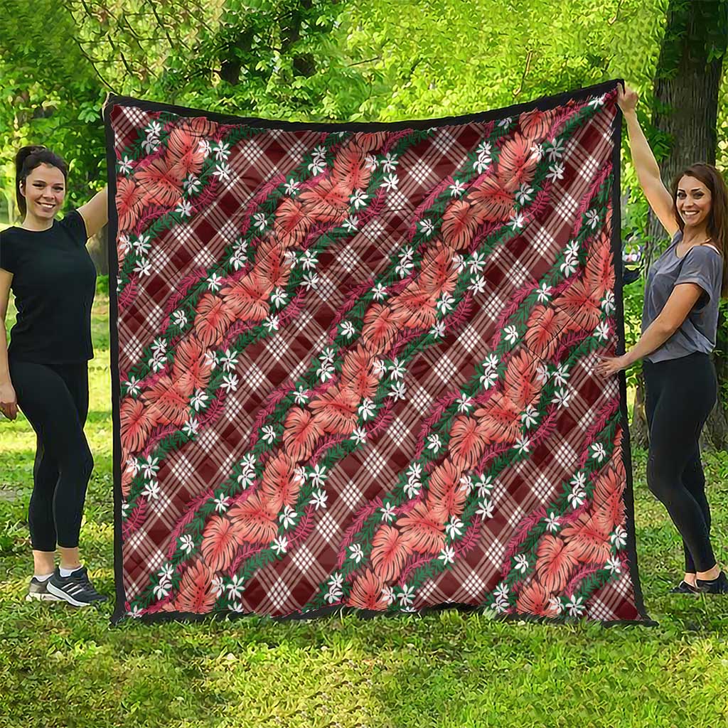Polynesian Monstera Tiare Floral Quilt Burgundy Tropical Plaid - Polynesian Pride