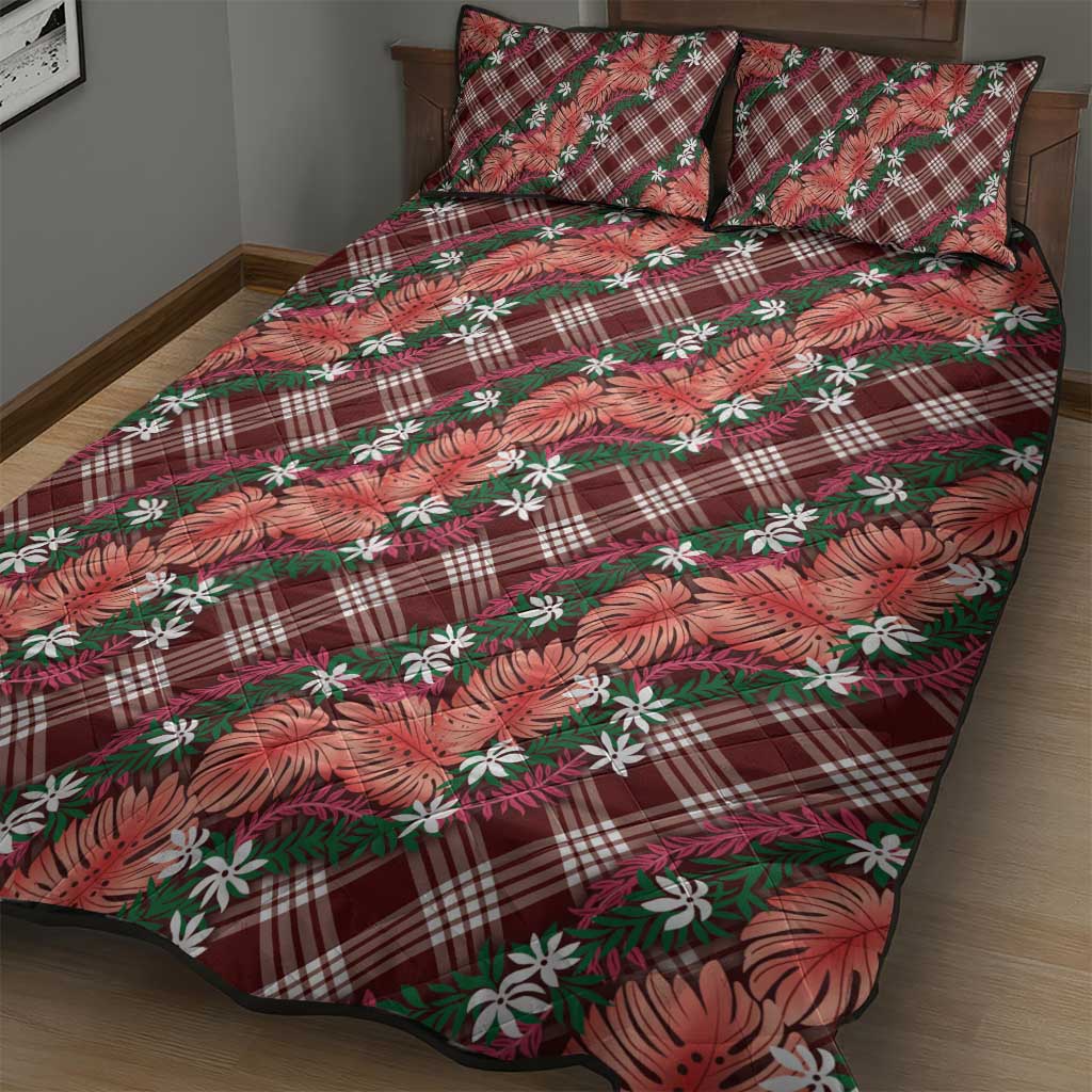 Polynesian Monstera Tiare Floral Quilt Bed Set Burgundy Tropical Plaid - Polynesian Pride