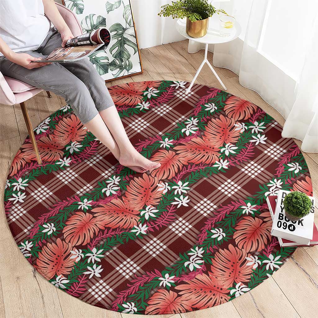 Polynesian Monstera Tiare Floral Round Carpet Burgundy Tropical Plaid - Polynesian Pride