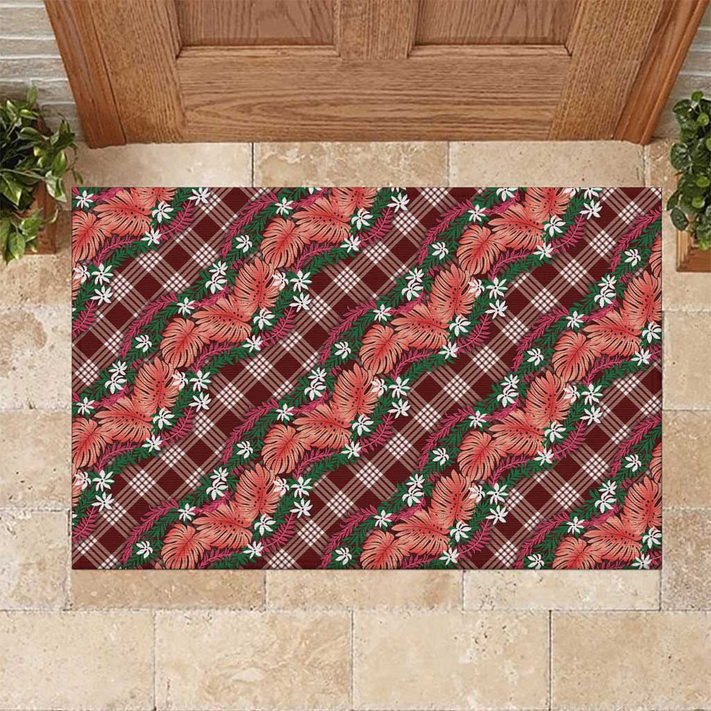 Polynesian Monstera Tiare Floral Rubber Doormat Burgundy Tropical Plaid - Polynesian Pride