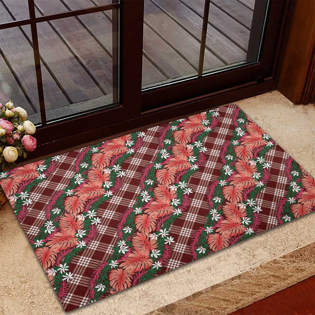 Polynesian Monstera Tiare Floral Rubber Doormat Burgundy Tropical Plaid - Polynesian Pride