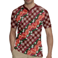 Polynesian Monstera Tiare Floral Rugby Jersey Burgundy Tropical Plaid - Polynesian Pride