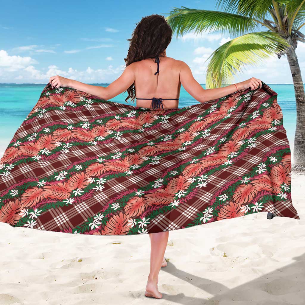 Polynesian Monstera Tiare Floral Sarong Burgundy Tropical Plaid - Polynesian Pride
