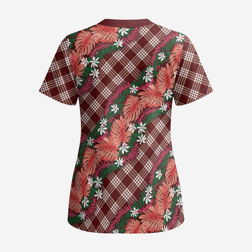 Polynesian Monstera Tiare Floral Scrub Top Burgundy Tropical Plaid - Polynesian Pride