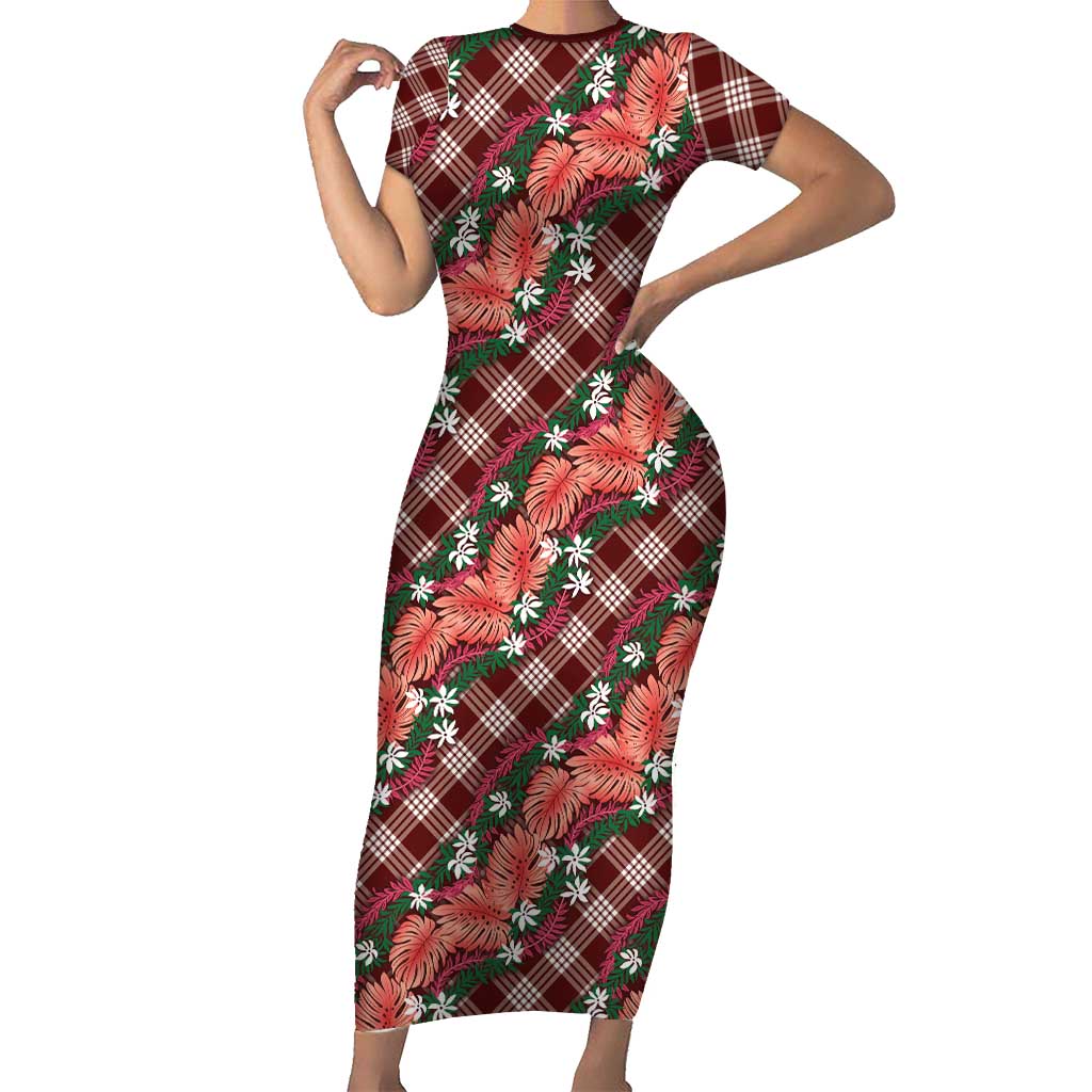 Polynesian Monstera Tiare Floral Short Sleeve Bodycon Dress Burgundy Tropical Plaid - Polynesian Pride