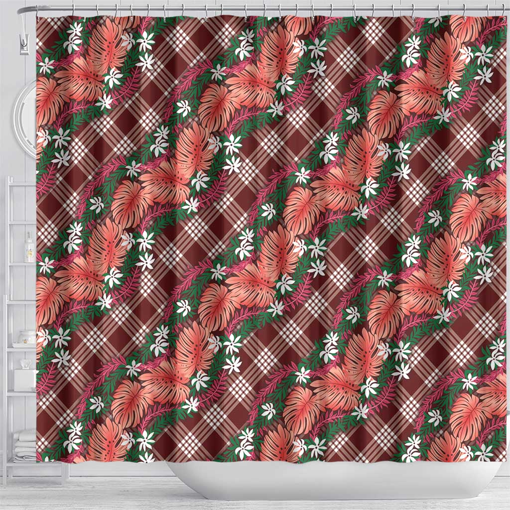Polynesian Monstera Tiare Floral Shower Curtain Burgundy Tropical Plaid - Polynesian Pride