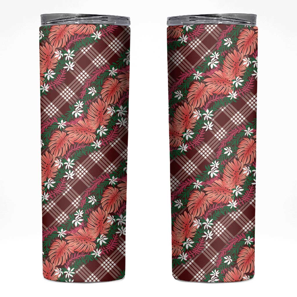 Polynesian Monstera Tiare Floral Skinny Tumbler Burgundy Tropical Plaid - Polynesian Pride