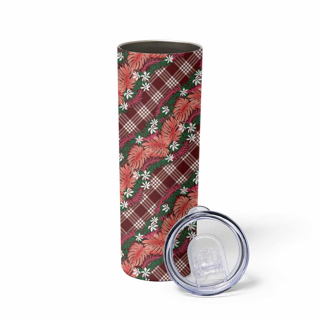 Polynesian Monstera Tiare Floral Skinny Tumbler Burgundy Tropical Plaid - Polynesian Pride