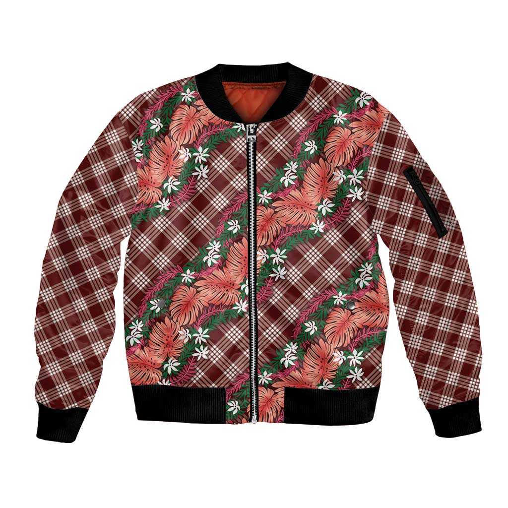 Polynesian Monstera Tiare Floral Sleeve Zip Bomber Jacket Burgundy Tropical Plaid - Polynesian Pride