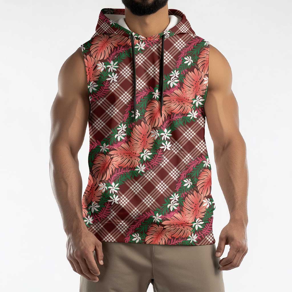 Polynesian Monstera Tiare Floral Sleeveless Hoodie Burgundy Tropical Plaid - Polynesian Pride