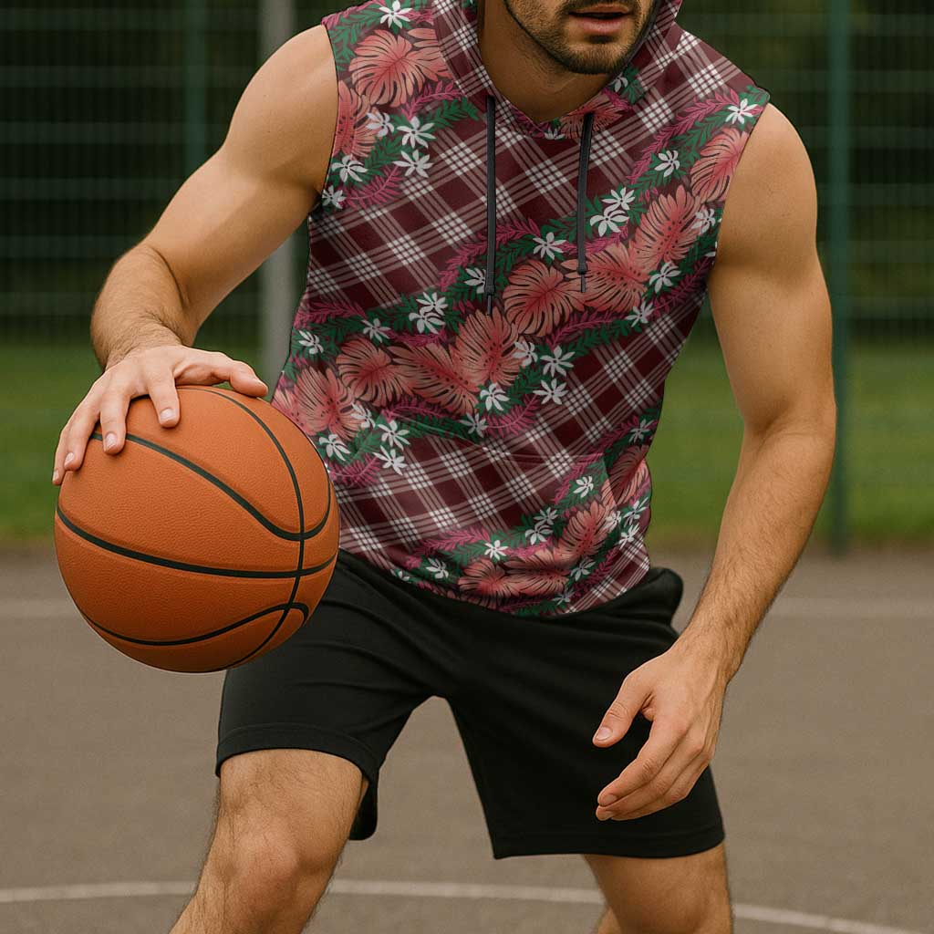 Polynesian Monstera Tiare Floral Sleeveless Hoodie Burgundy Tropical Plaid - Polynesian Pride