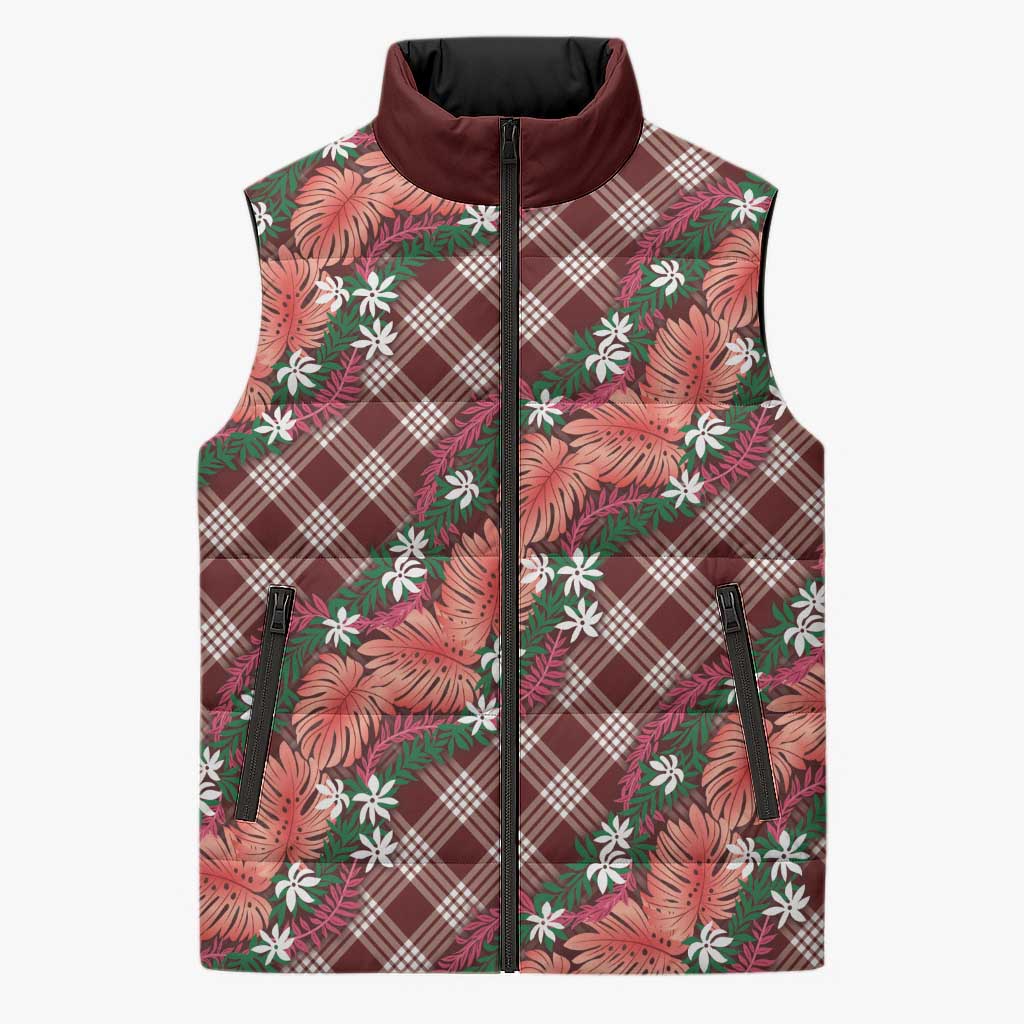 Polynesian Monstera Tiare Floral Sleeveless Puffer Jacket Burgundy Tropical Plaid - Polynesian Pride