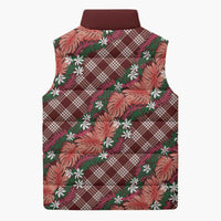 Polynesian Monstera Tiare Floral Sleeveless Puffer Jacket Burgundy Tropical Plaid - Polynesian Pride