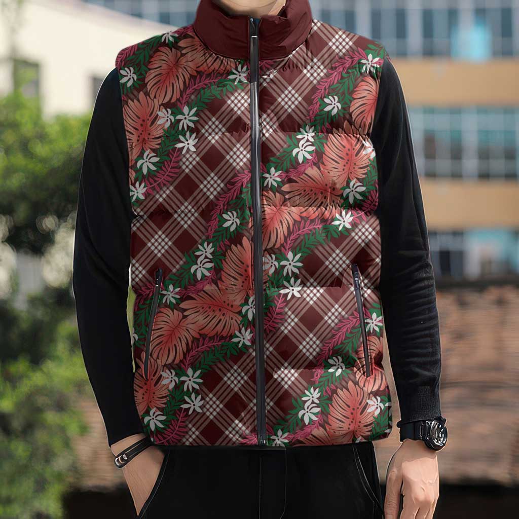 Polynesian Monstera Tiare Floral Sleeveless Puffer Jacket Burgundy Tropical Plaid - Polynesian Pride