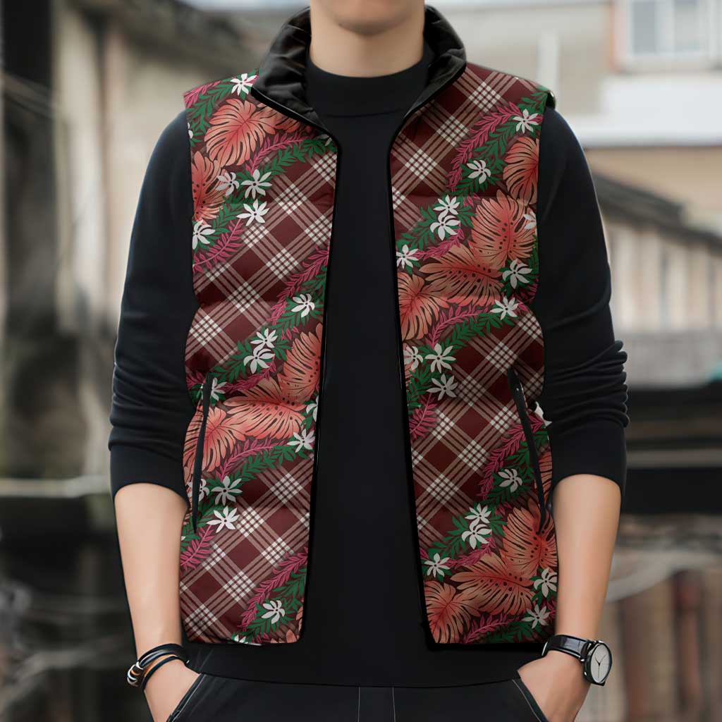 Polynesian Monstera Tiare Floral Sleeveless Puffer Jacket Burgundy Tropical Plaid - Polynesian Pride