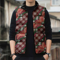 Polynesian Monstera Tiare Floral Sleeveless Puffer Jacket Burgundy Tropical Plaid - Polynesian Pride