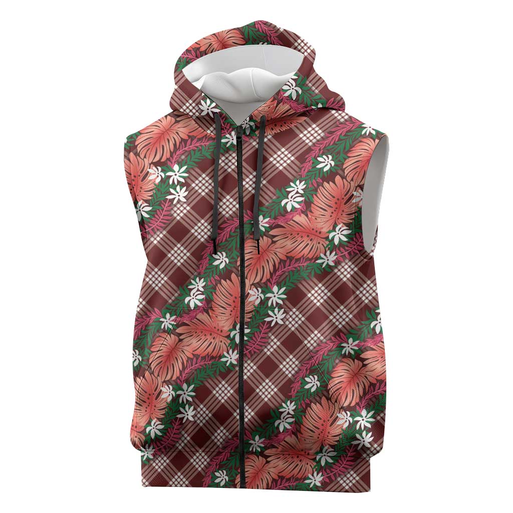 Polynesian Monstera Tiare Floral Sleeveless Zip Hoodie Burgundy Tropical Plaid - Polynesian Pride