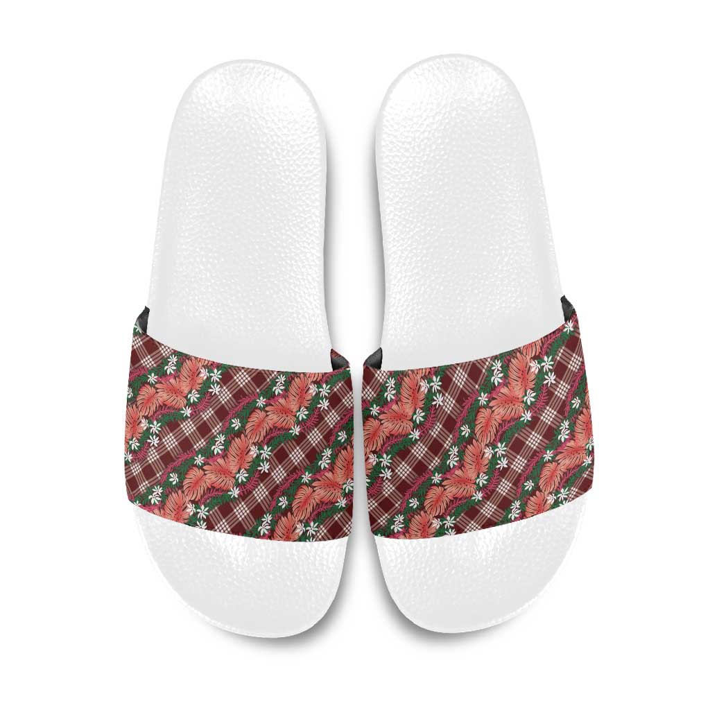 Polynesian Monstera Tiare Floral Slide Sandals Burgundy Tropical Plaid - Polynesian Pride