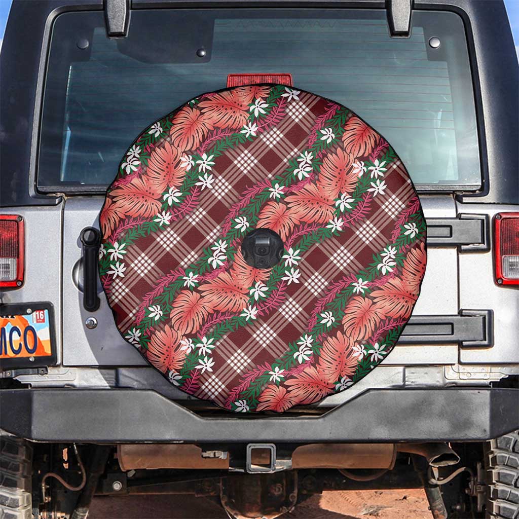 Polynesian Monstera Tiare Floral Spare Tire Cover Burgundy Tropical Plaid - Polynesian Pride