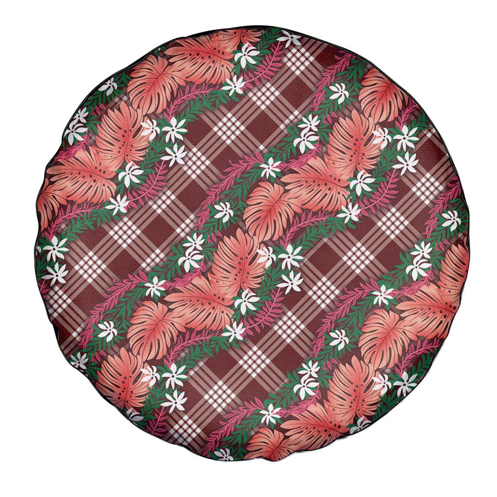 Polynesian Monstera Tiare Floral Spare Tire Cover Burgundy Tropical Plaid - Polynesian Pride