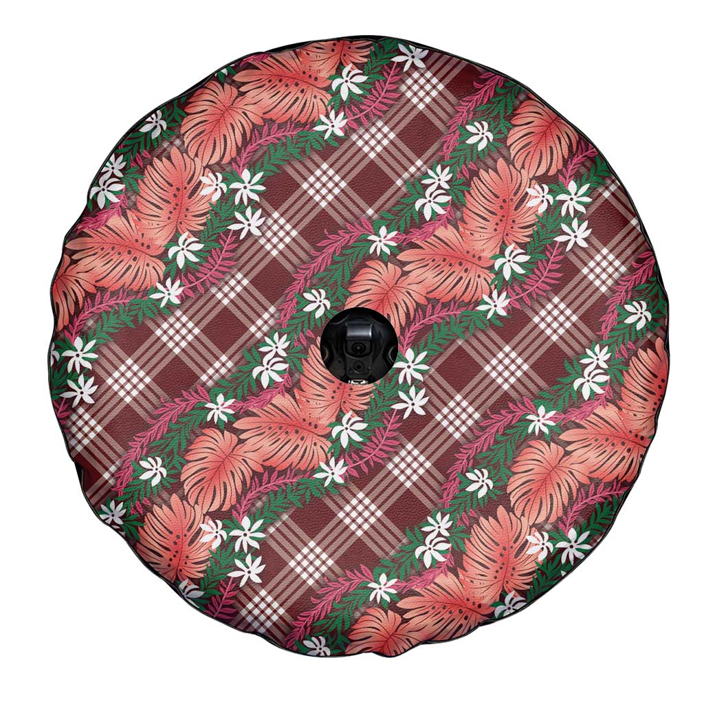 Polynesian Monstera Tiare Floral Spare Tire Cover Burgundy Tropical Plaid - Polynesian Pride