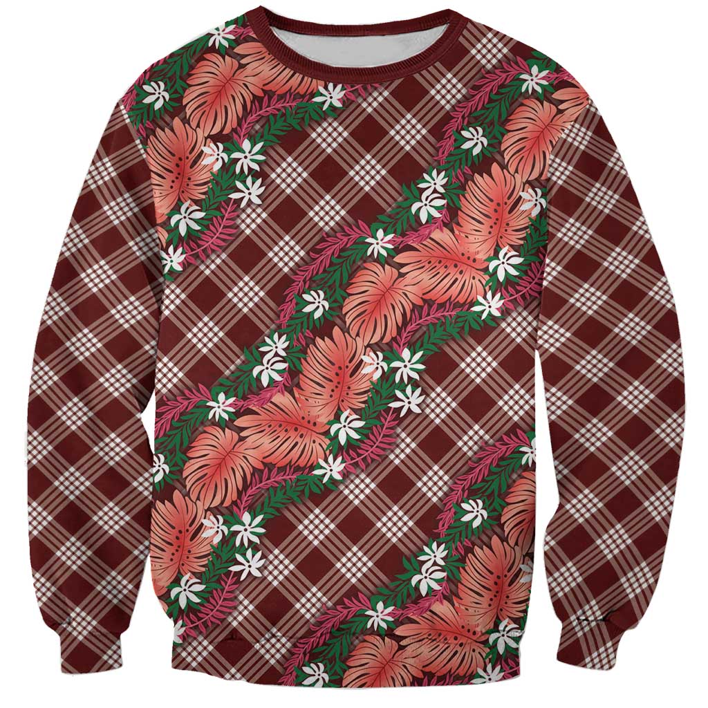 Polynesian Monstera Tiare Floral Sweatshirt Burgundy Tropical Plaid - Polynesian Pride