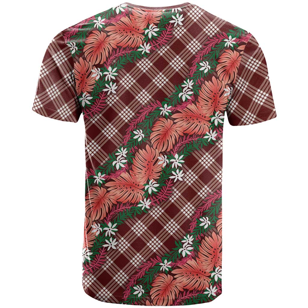 Polynesian Monstera Tiare Floral T Shirt Burgundy Tropical Plaid - Polynesian Pride