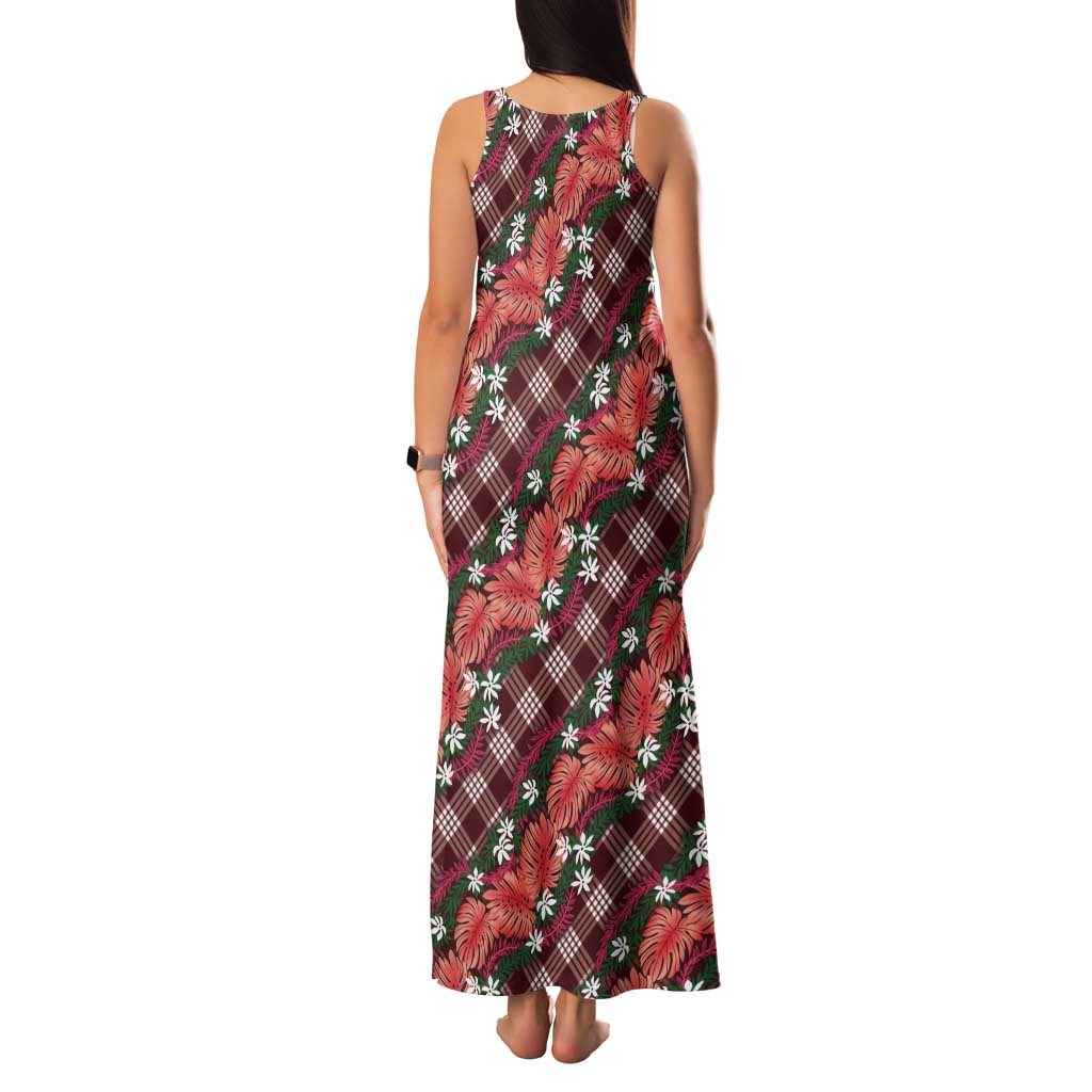 Polynesian Monstera Tiare Floral Tank Maxi Dress Burgundy Tropical Plaid - Polynesian Pride