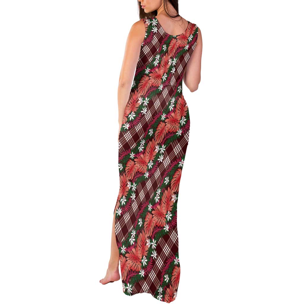 Polynesian Monstera Tiare Floral Tank Maxi Dress Burgundy Tropical Plaid - Polynesian Pride