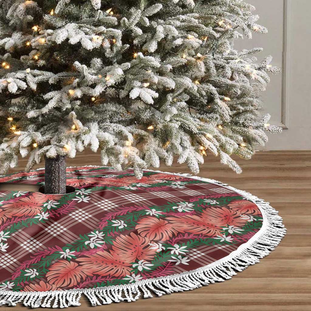 Polynesian Monstera Tiare Floral Tree Skirt Burgundy Tropical Plaid - Polynesian Pride