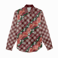 Polynesian Monstera Tiare Floral Women Casual Shirt Burgundy Tropical Plaid - Polynesian Pride