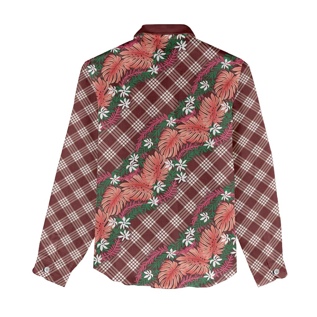 Polynesian Monstera Tiare Floral Women Casual Shirt Burgundy Tropical Plaid - Polynesian Pride