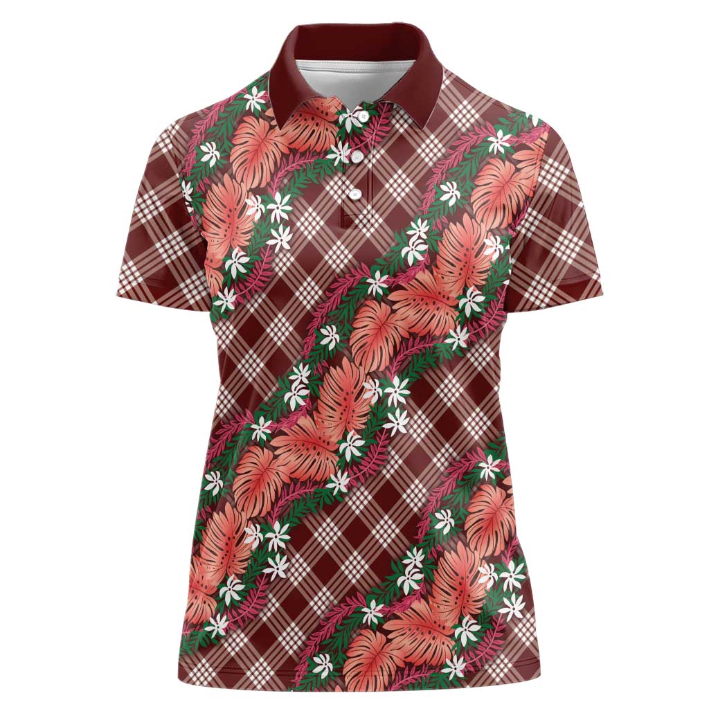 Polynesian Monstera Tiare Floral Women Polo Shirt Burgundy Tropical Plaid - Polynesian Pride