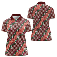 Polynesian Monstera Tiare Floral Women Polo Shirt Burgundy Tropical Plaid - Polynesian Pride